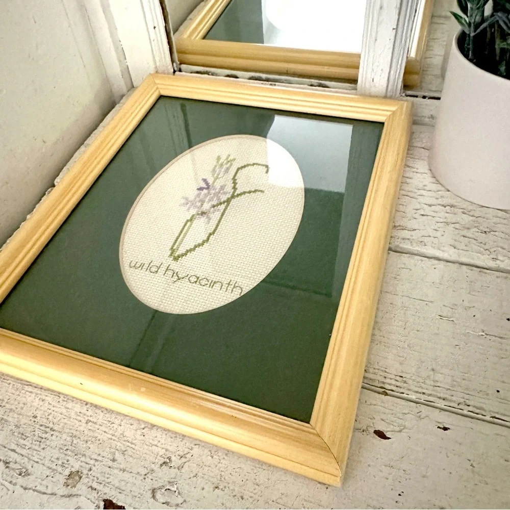 Wild Hyacinth Vintage Needlepoint Embroidery Cross Stitch Yellow Framed Wall Art